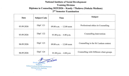 Diploma in Counselling 2025/2026 (Kandy/ Thalawa) Exam Timetable